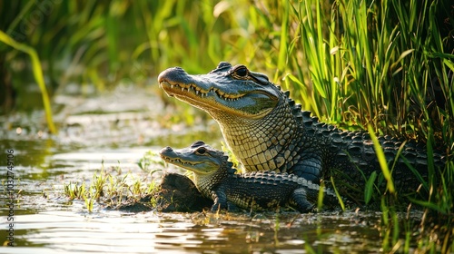 a crocodile and its young in a lush marshland, symbolizing family dynamics in the animal kingdom photo