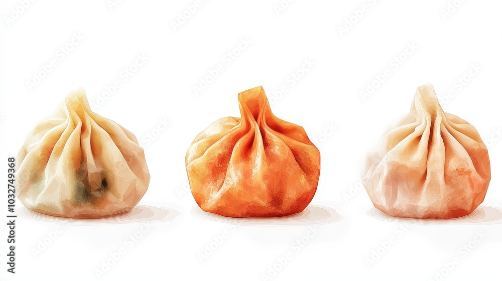 Obraz premium Whimsical Game Asset Icons: 4 Dumplings in Low Poly Style on a Playful Minimalist Background