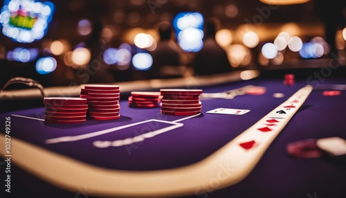 Red poker chips stacked on casino table winning hand photo