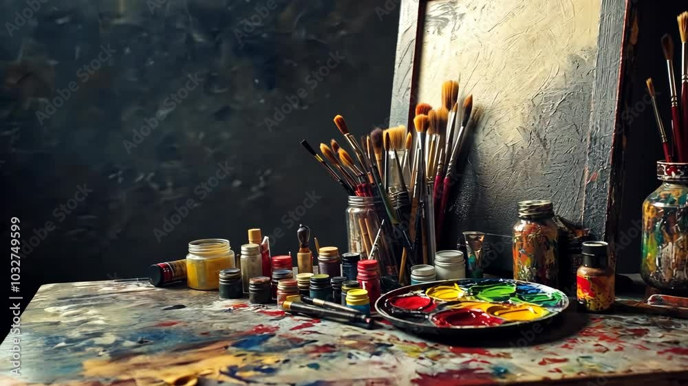 A messy artist's table with paint jars, brushes, and an empty canvas