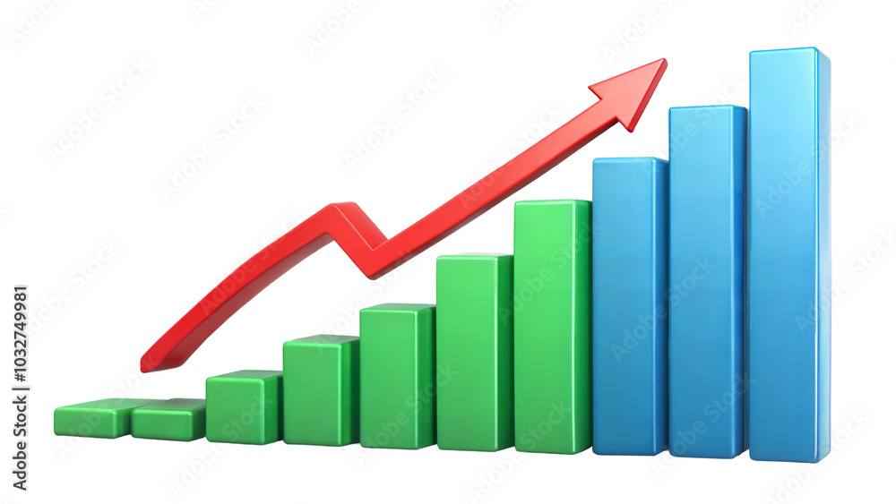 Colorful bar graph with an upward trend and growth arrow against a transparent or white background. Colorful bar graph with an upward trend and growth arrow against a transparent or white background.