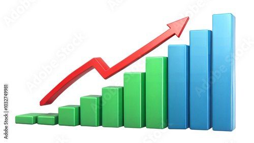 Colorful bar graph with an upward trend and growth arrow against a transparent or white background.