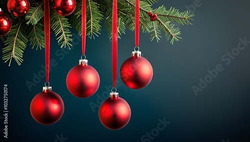 christmas tree ornaments hang festive arrangement red balls along branchy structure