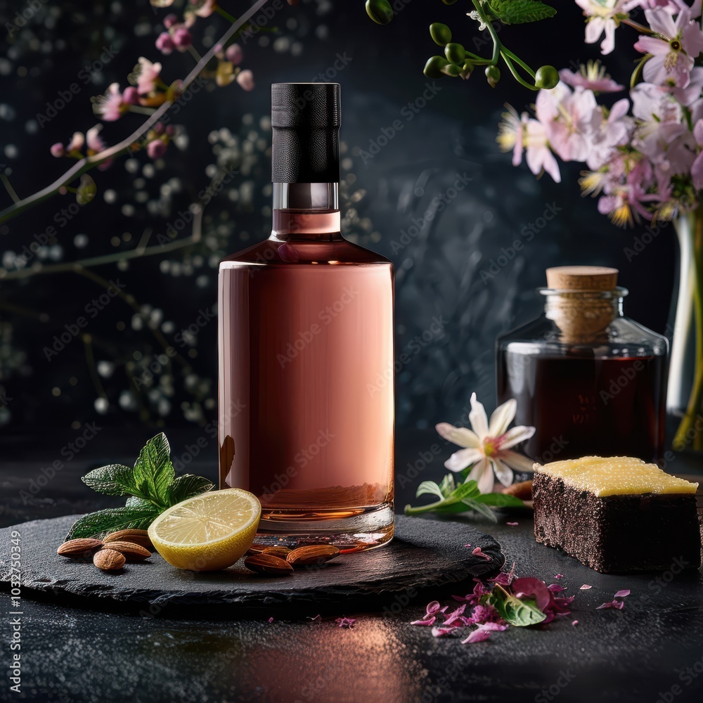 A refined whiskey bottle glimmers in the light, with a deep, dark background emphasizing its elegance.