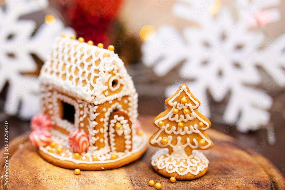 Gingerbread house made of gingerbread cookies decorated with icing, caramel, candy, decorative beads. Gingerbread Christmas tree Gingerbread house made of gingerbread cookies decorated with icing, caramel, candy, decorative beads. Gingerbread Christmas tree