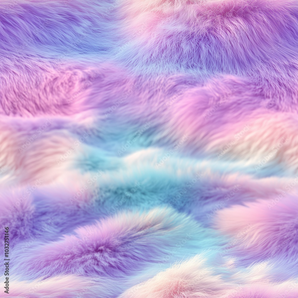 Fototapeta premium A close-up view of soft, fluffy fur in pastel rainbow hues with dreamy textures. Generative AI