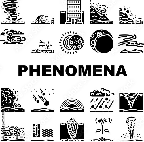 natural phenomena eclipse tsunami icons set vector. aurora hurricane, tornado earthquake, volcano lightning, rainbow blizzard, cyclone natural phenomena eclipse tsunami glyph pictogram Illustrations