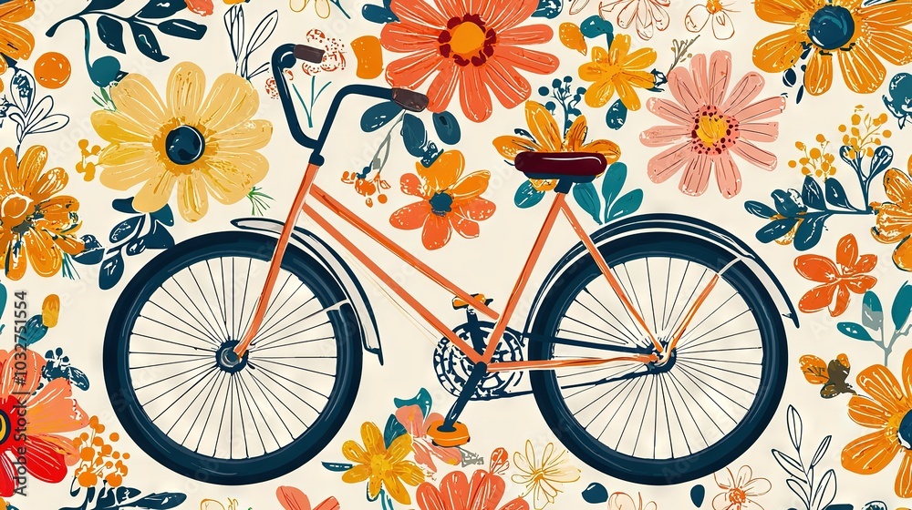 Fototapeta premium Painting of a Bicycle with Flowers on White Background, featuring orange, pink, yellow, and blue hues