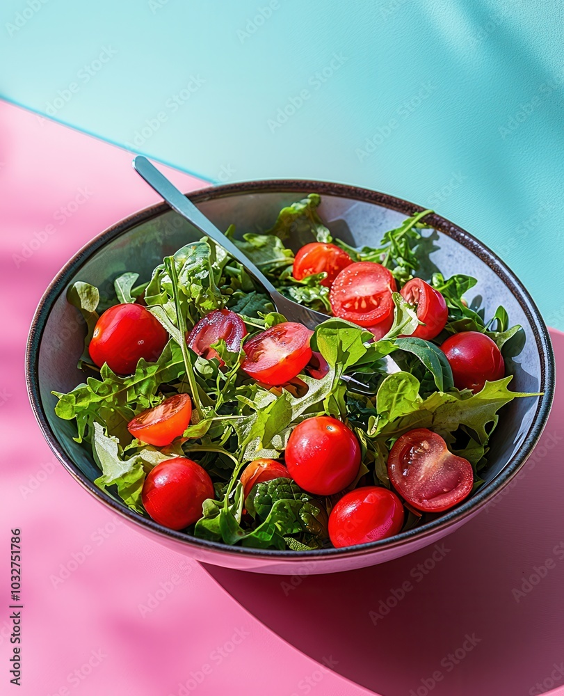 Fresh salad bowl with colorful tomatoes and greens on bright pink and blue background, emphasizing healthy eating Fresh salad bowl with colorful tomatoes and greens on bright pink and blue background, emphasizing healthy eating