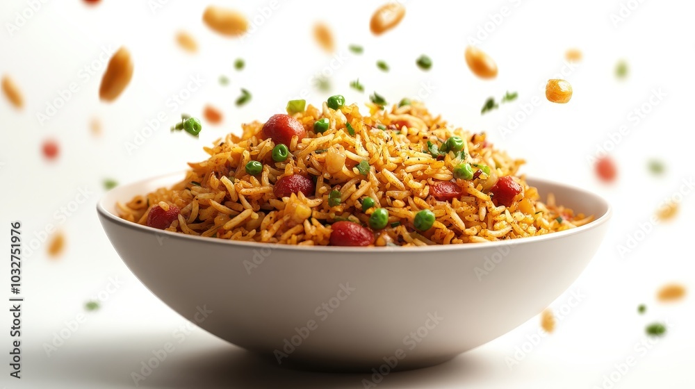 Exquisite Biryani Delight Floating in Mid-Air - High-Quality Hyperealistic Food Photography on White Background Exquisite Biryani Delight Floating in Mid-Air - High-Quality Hyperealistic Food Photography on White Background
