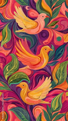  Two birds on a leafy tree with a colorful swirl background