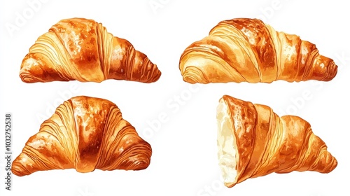 Assorted Croissants Clipart Set on White Background - Simple Colorful Illustrations of 4 Small Croissants for Design Projects