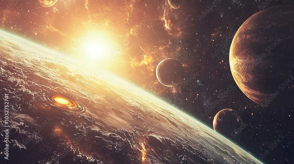 Obraz premium An artist's depiction of the solar system featuring prominent planets in the foreground and the sun in the backdrop