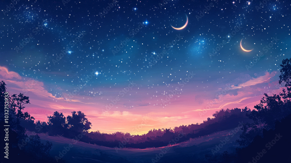 Depict a clear, star-filled sky, with constellations visible and perhaps a crescent moon casting a soft glow. The stars should twinkle brightly, creating a serene backdrop. 