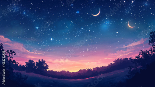 Depict a clear, star-filled sky, with constellations visible and perhaps a crescent moon casting a soft glow. The stars should twinkle brightly, creating a serene backdrop.  photo