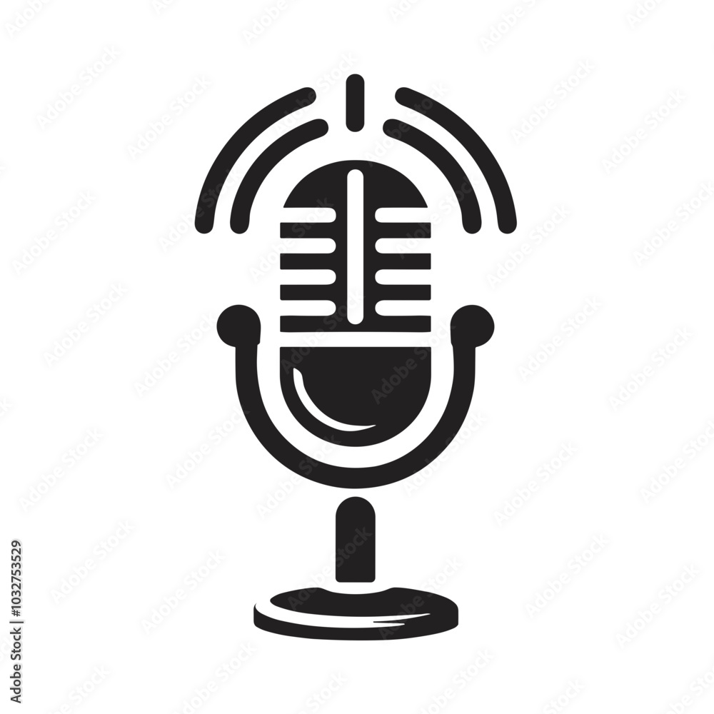 Classic microphone illustration with sound waves in black and white, audio broadcasting concept Classic microphone illustration with sound waves in black and white, audio broadcasting concept