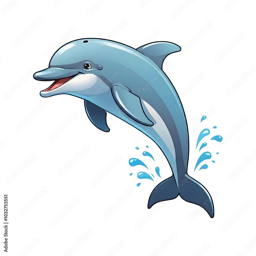 Fototapeta premium Smiling cartoon dolphin makes a playful splash in the sea