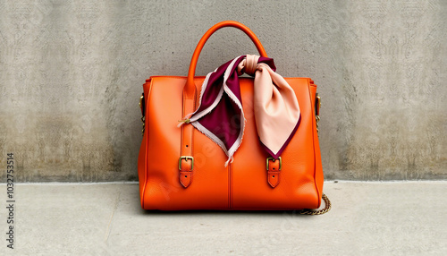 Stylish orange handbag adorned with a luxurious silk scarf, showcasing elegance and fashion. Perfect accessory for modern women who appreciate vibrant colors and sophisticated design.

