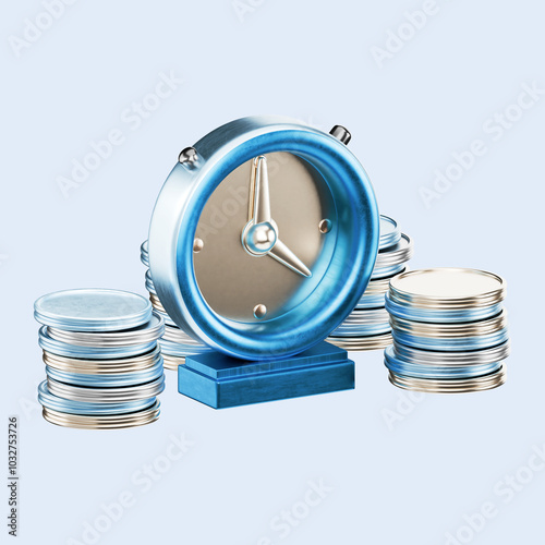 3D financial illustration depicting a blue metallic clock surrounded by stacks of silver and gold coins, symbolizing time and money. The image highlights the concepts of time management, financial inv