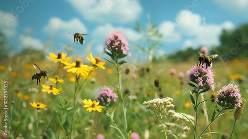 This image shows a close-up of a bee pollinating a flower. The bee is surrounded by other flowers and plants.