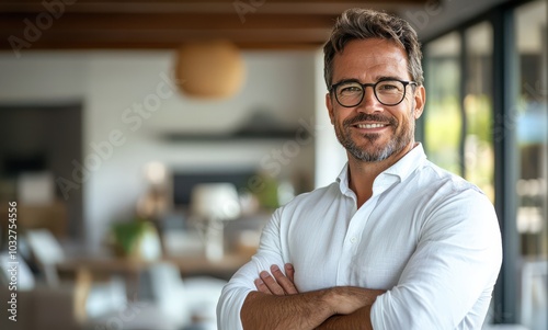 Confident businessman in his thirties standing in modern office with a warm smile, wearing glasses and a casual white shirt