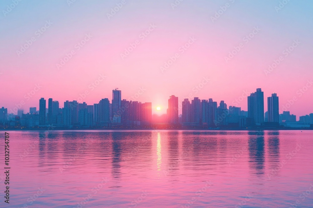 Fototapeta premium Serene sunset over a modern city skyline by the water