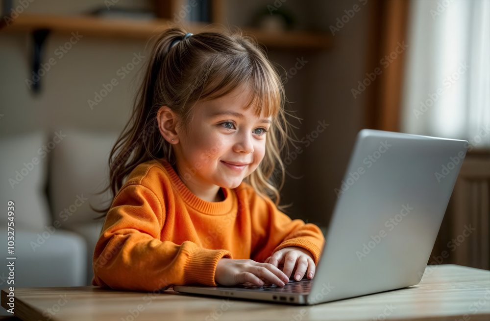 Cute smiling schoolgirl sitting at laptop in cozy room Cute smiling schoolgirl sitting at laptop in cozy room