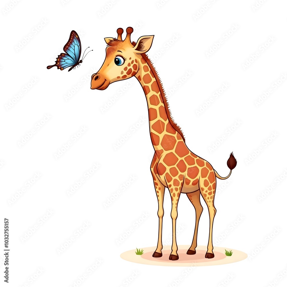 Fototapeta premium Charming Giraffe with Butterfly: A Whimsical Wildlife Moment