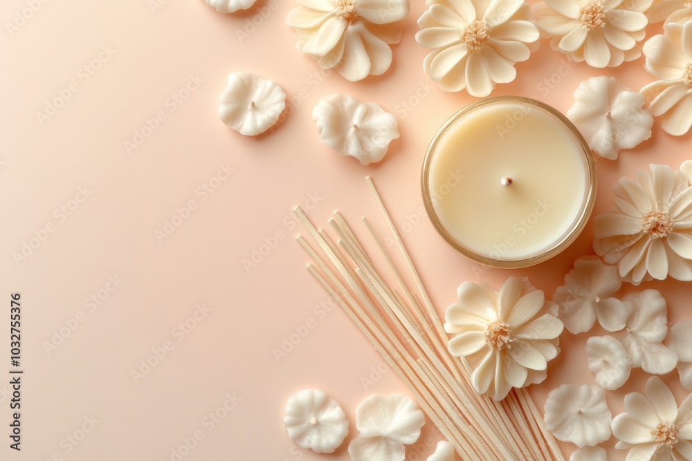 Serene arrangement of candles and floral decorations Serene arrangement of candles and floral decorations