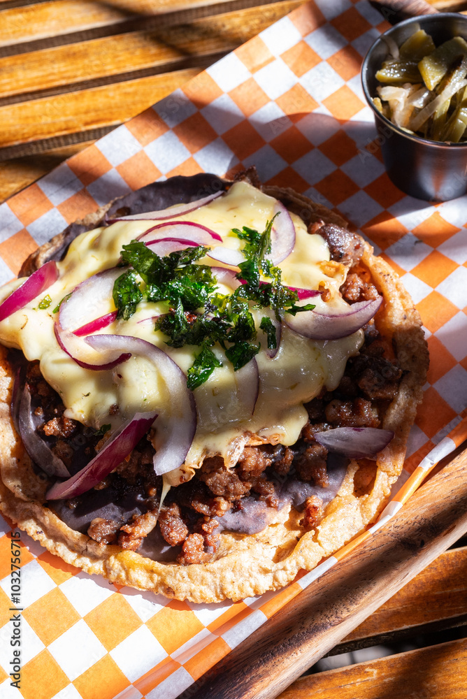 Traditional typical Mexican food, Mexican gastronomy concept. Tacos, chilaquiles, Mexican tradition.