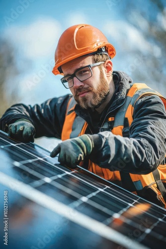 Wallpaper Mural Technician working on solar panel installation with blue sky background, wearing safety gear, demonstrating renewable energy efforts Torontodigital.ca
