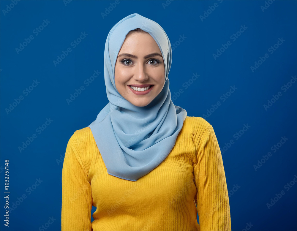 Studio Portrait of Beautiful Happy Young Woman Smiling Against Blue Studio Background Confidently Studio Portrait of Beautiful Happy Young Woman Smiling Against Blue Studio Background Confidently