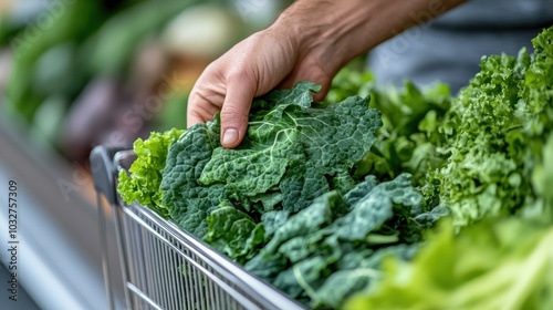 A close-up shot of a person's hand reaching for a bunch of fresh green leafy vegetables in a shopping cart, emphasizing the healthy and vibrant nature of the produce.