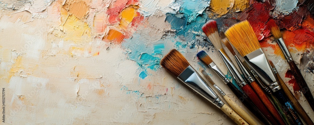Fototapeta premium Artist's palette with vibrant paint and brushes