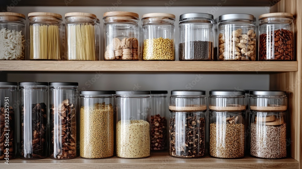 various storage containers neatly arranged in a pantry, symbolizing organization and efficiency in home management various storage containers neatly arranged in a pantry, symbolizing organization and efficiency in home management