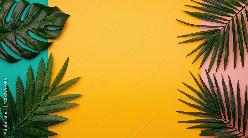 A vibrant composition featuring tropical leaves against a colorful background, creating a fresh and lively atmosphere. A vibrant composition featuring tropical leaves against a colorful background, creating a fresh and lively atmosphere.