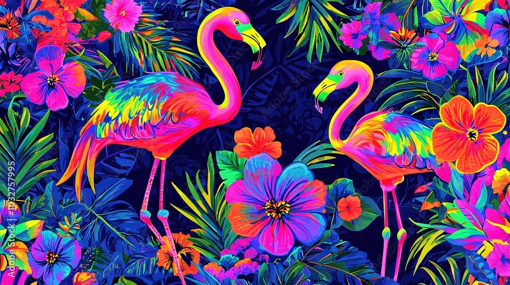 Obraz premium A flock of vibrant flamingos gracefully poses on a verdant field of blossoms and foliage
