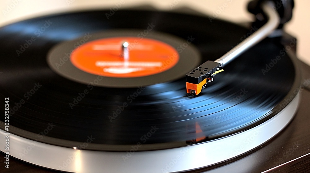 Close-up of a record player needle on a spinning vinyl record. Close-up of a record player needle on a spinning vinyl record.