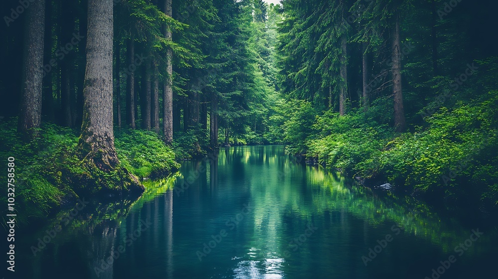 A peaceful river winding through a dense forest, with tall trees on either side and the water reflecting the greenery above A peaceful river winding through a dense forest, with tall trees on either side and the water reflecting the greenery above