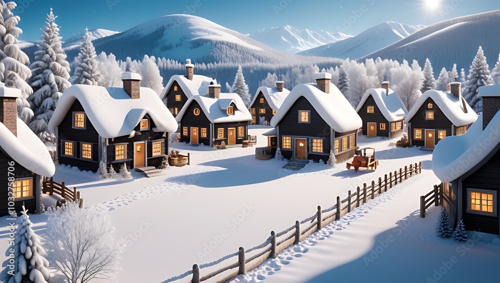 Naklejka premium cute village scenes amidst winter wonderland landscapes snow kids snowmen