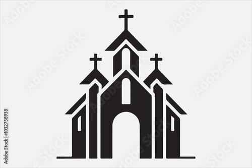 A silhouette of a church with  a cross on top.