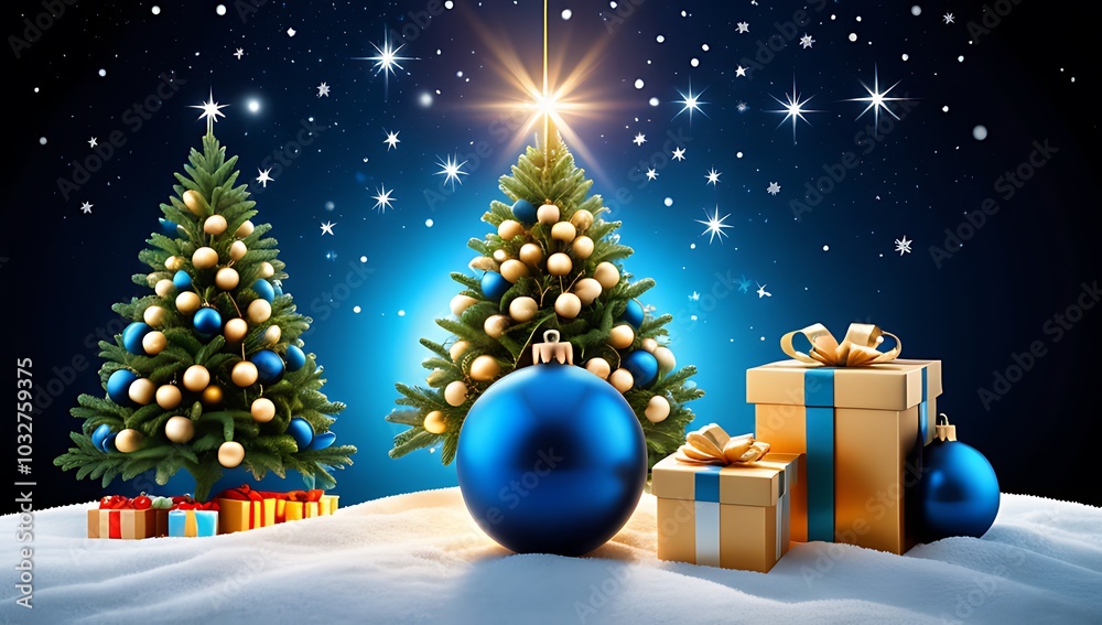 Obraz premium decorated christmas tree hangs blue bauble fir branch gift boxes surrounding abstract night scene