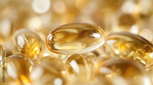 Close-up of golden gel capsules, likely supplements or vitamins.