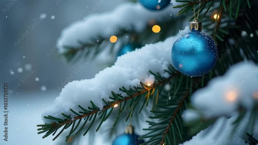 A close-up of evergreen branches blanketed in fresh snow features vibrant blue ornaments and a bright garland, creating a stunning winter scene that captures the essence of the holiday season. High A close-up of evergreen branches blanketed in fresh snow features vibrant blue ornaments and a bright garland, creating a stunning winter scene that captures the essence of the holiday season. High