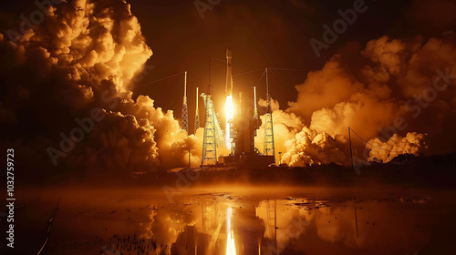 A majestic night sky is illuminated by the fiery launch of a space rocket.