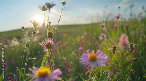 This is a beautiful image of a bee pollinating a flower. The bee is surrounded by a variety of flowers in a field.