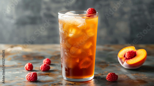 Refreshing and delicious iced tea with raspberries and peach. A perfect drink for a hot summer day. photo