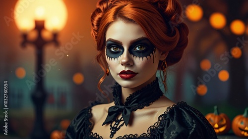 woman lady halloween dress makeup witch beautiful decoration design pumpkin bat night background desktop