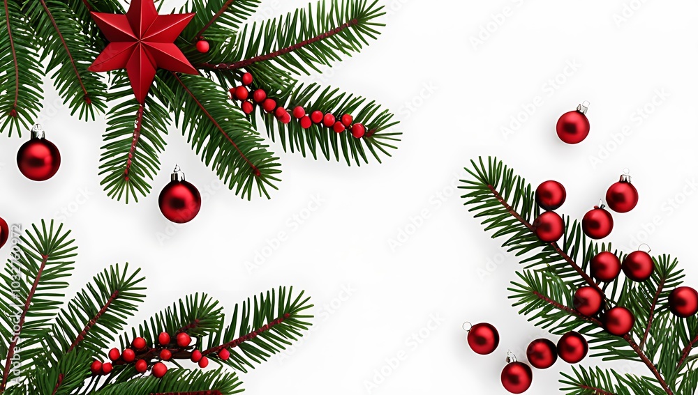 fir branches red decorations create festive flat lay white background christmas new year celebrations fir branches red decorations create festive flat lay white background christmas new year celebrations