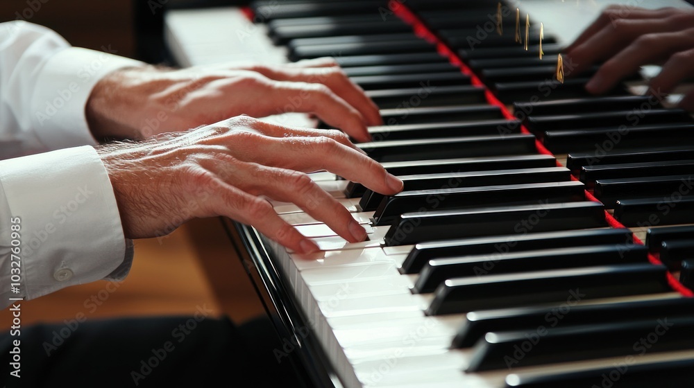 Obraz premium a musician playing a complex piece on the piano, illustrating concentration and precision in performance